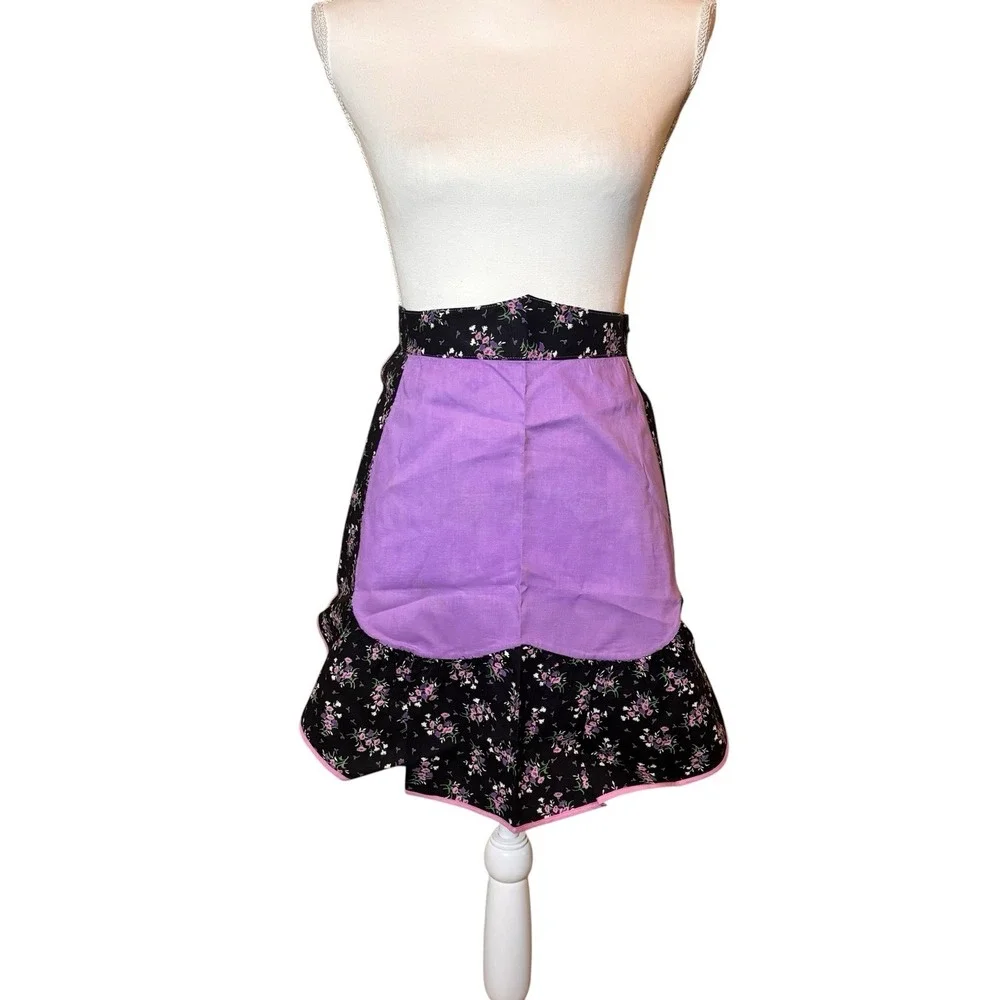 Vintage Handmade Purple Floral Ruffle Half Apron Black  Retro Cottagecore